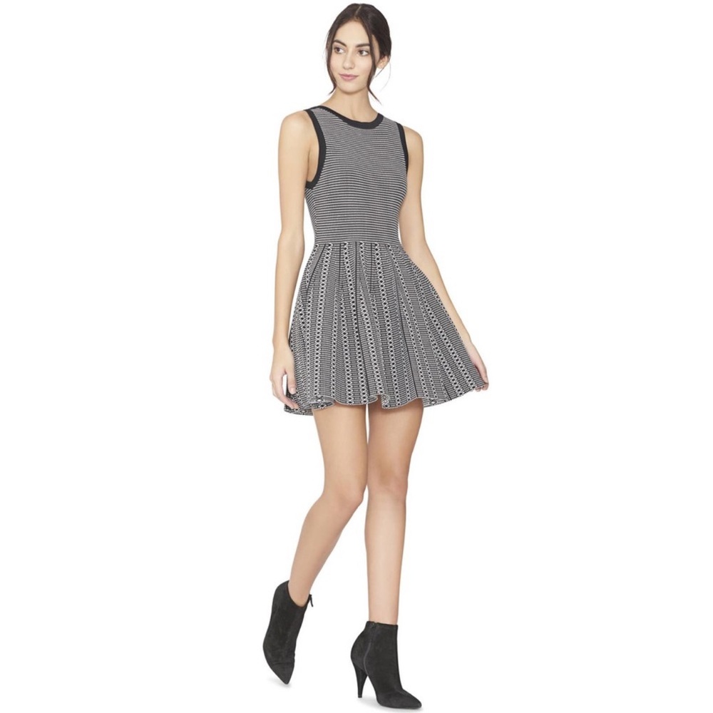 Alice + Olivia Kamilah Texture Stitch Fit & Flare Knit Dress Size L Black White